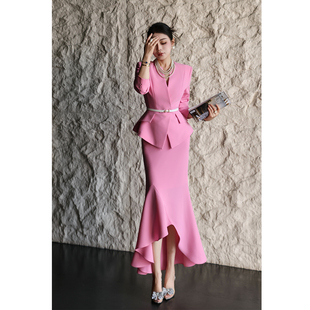 知性优雅风粉色西装外套包臀鱼尾裙女收腰气质两件套名媛时尚套装