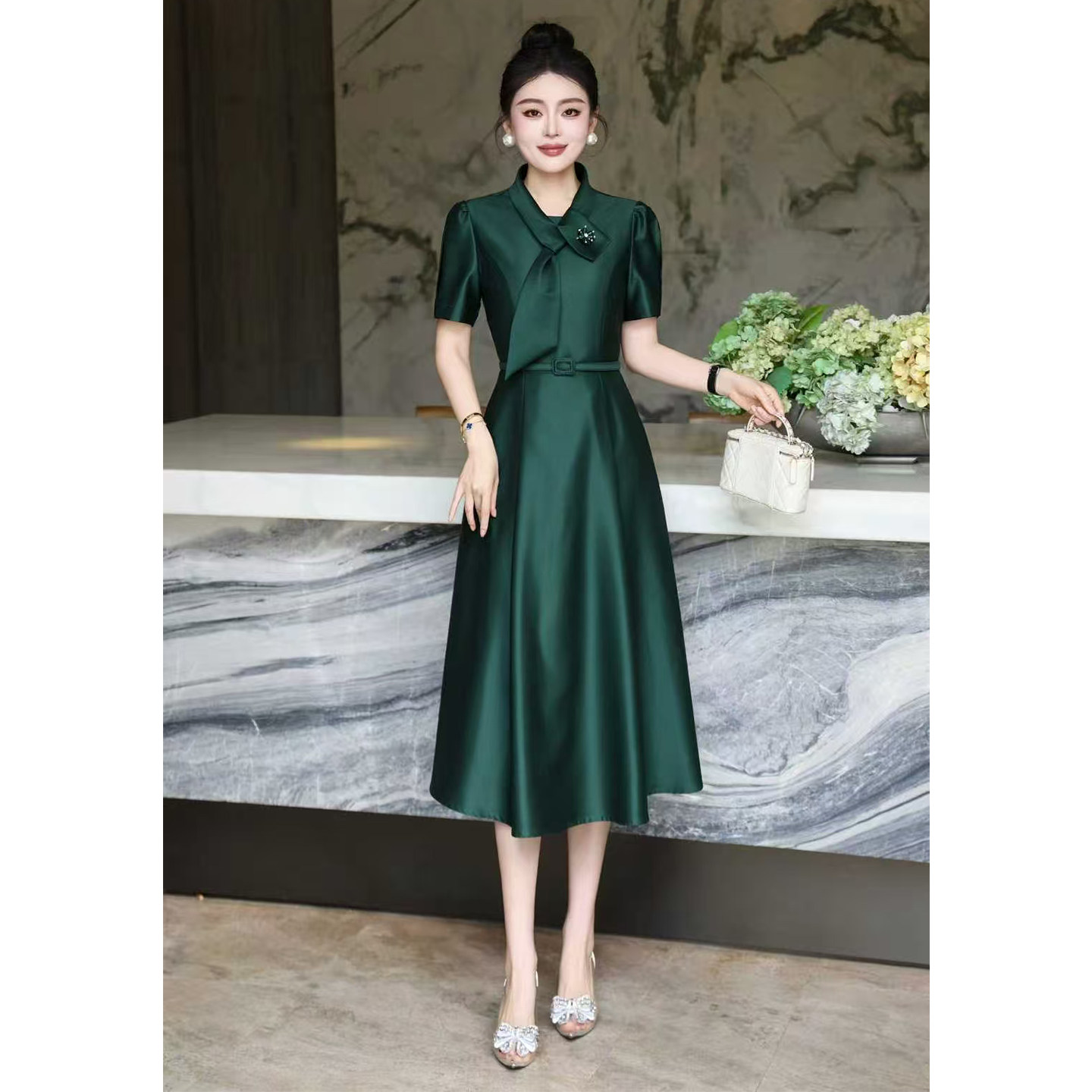 优雅绿色连衣裙女收腰A字中长裙婚礼宴会气质显瘦年会聚会礼服裙,女装/女士精品,连衣裙,淘宝优惠券,粉丝福利购,淘宝优惠卷