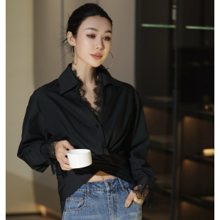 通勤风蕾丝拼接优雅长袖气质衬衫女宽松设计感交叉显瘦黑白色上衣