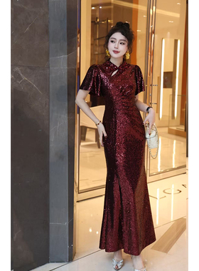 红色亮片礼服长裙婚礼宴会喜婆婆喜妈妈修身显瘦奢华名媛连衣裙夏