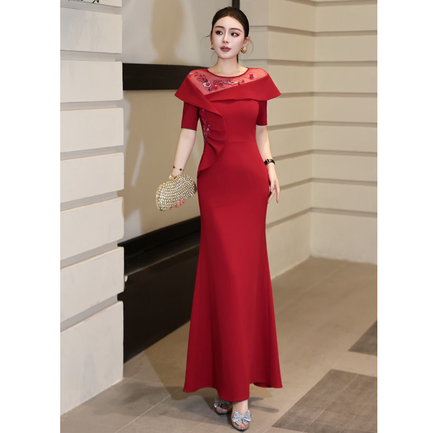 优雅重工订钻高档婚礼宴会喜妈妈喜婆婆新娘礼服长裙晚宴连衣裙女