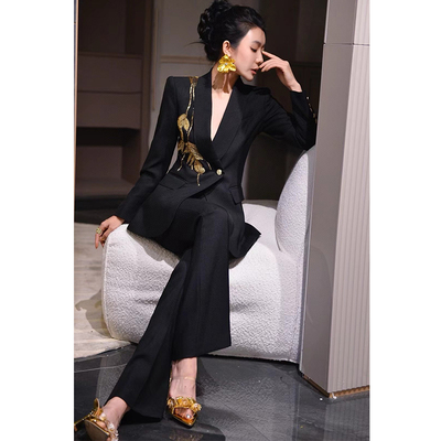 重工金色亮片设计感修身西服套装商务职业总裁女神范秋冬两件套潮