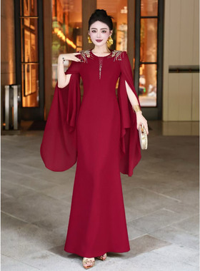 婚礼宴会晚装连衣裙高档喜妈妈喜婆婆新娘敬酒服订钻连衣裙长款裙