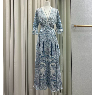 无压感度假风真丝印花V领系带收腰挂脖露背长裙连衣裙性感女神范