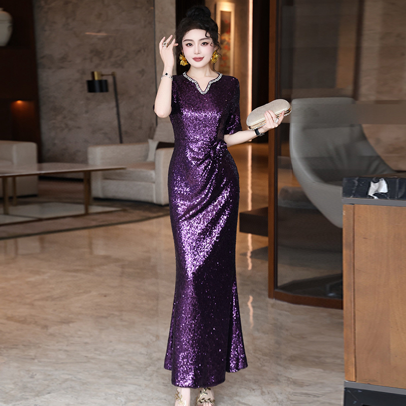 魚尾長裙喜媽媽喜婆婆珠光連衣裙