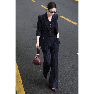 2025秋冬轻奢优雅风条纹西装套装女职业装马甲阔腿裤三件套高级感