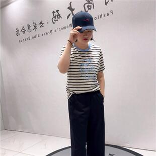 针丝缘加肥加大上衣2131刺绣字母图案洋气减龄条纹衫 2026夏季 新款