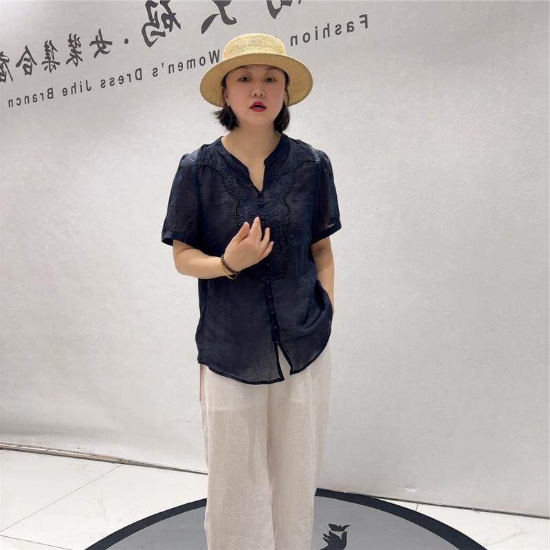 2026夏芮娜依莲打底1885麻料短袖衫衫加肥加大码女胖mm时尚T恤