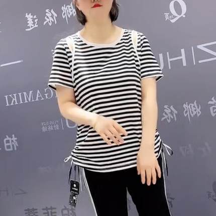 5323花比傲夏季新款欧韩加肥显瘦胖MM大码女装条纹短袖圆领T恤潮