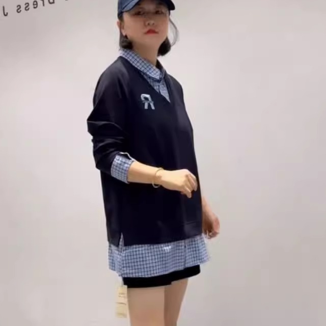 大码韩系格子拼接假两件卫衣