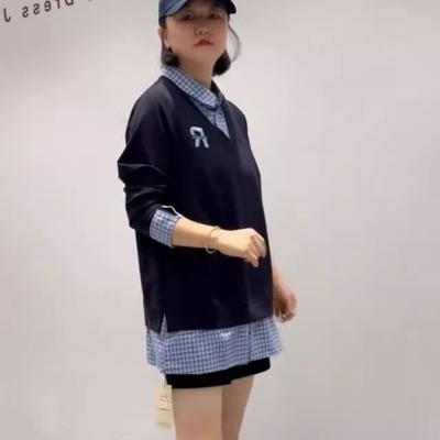 大码韩系格子拼接假两件卫衣