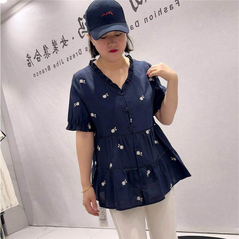 2026夏季女权贵族打底3261v领女人味一手长刺绣开衫大码女装T恤