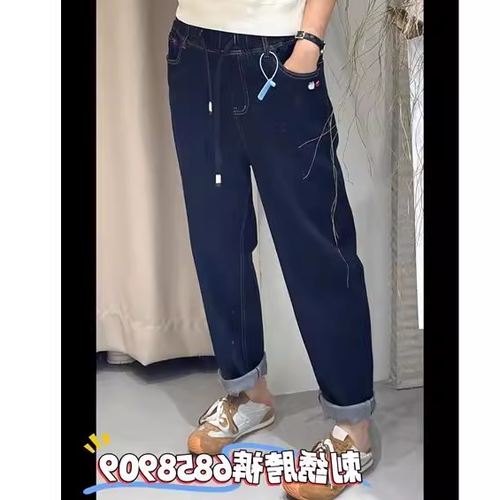 流依涵时尚裤子2025初秋新款大码女装高腰弹力刺绣牛仔垮裤58909