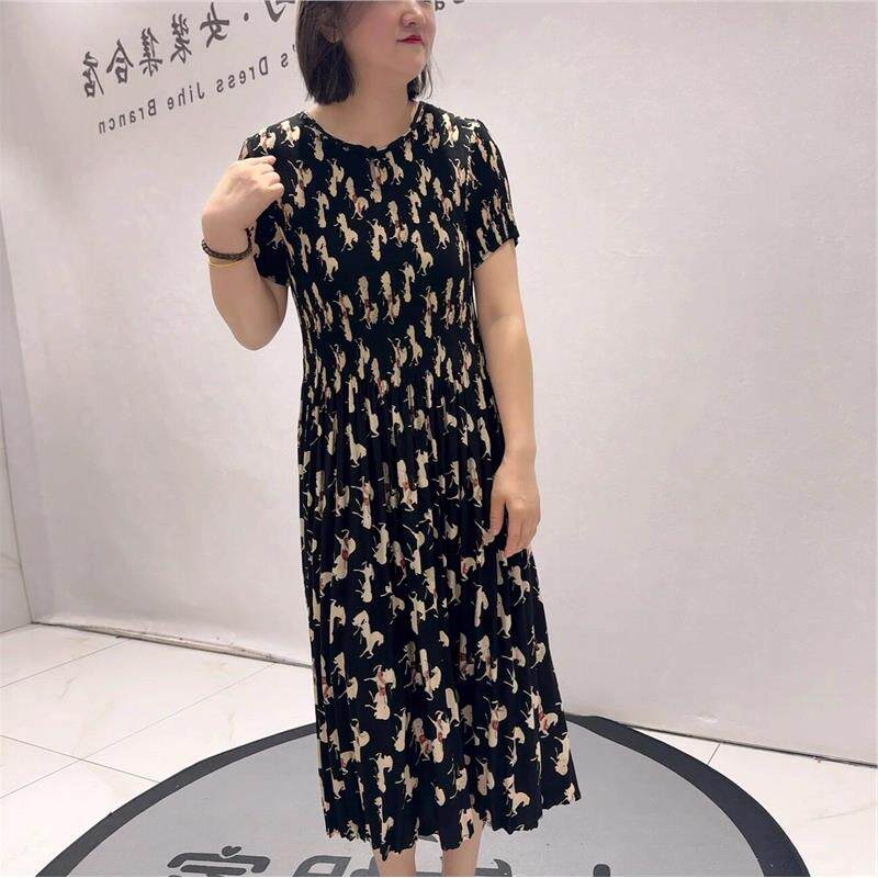 芮娜依莲时尚胖mm夏装裙9162褶皱连衣裙加肥加大码女装潮流气质裙