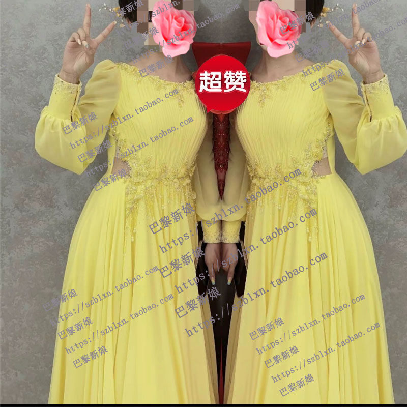 2026新款鹅黄色灯笼袖小A摆一字肩音乐会歌唱比赛舞台演出礼服