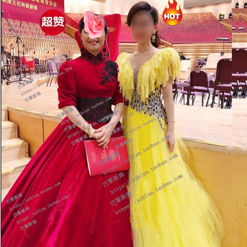 2026新款中国红泡泡袖立领蓬蓬裙舞台演出音乐会歌唱演出服装礼服
