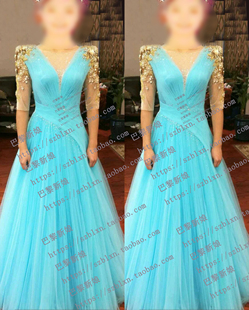 2025新款蓝色 透明中袖V领奢华水钻随身小摆音乐会歌唱演出礼服