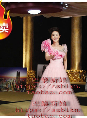 2026粉红色包肩短袖荷叶蓬蓬裙独唱歌比赛音乐会演出表演礼服现货