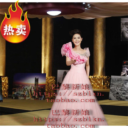 2026粉红色包肩短袖荷叶蓬蓬裙独唱歌比赛音乐会演出表演礼服现货