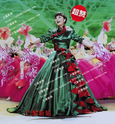 墨绿色立领蓬蓬裙毕业音乐会礼服