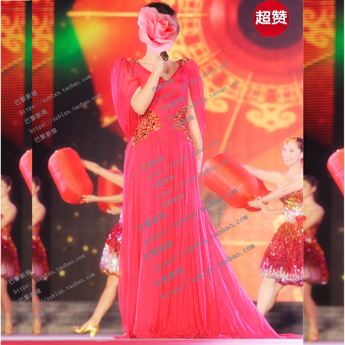 玫红色半袖随身小摆歌唱比赛礼服