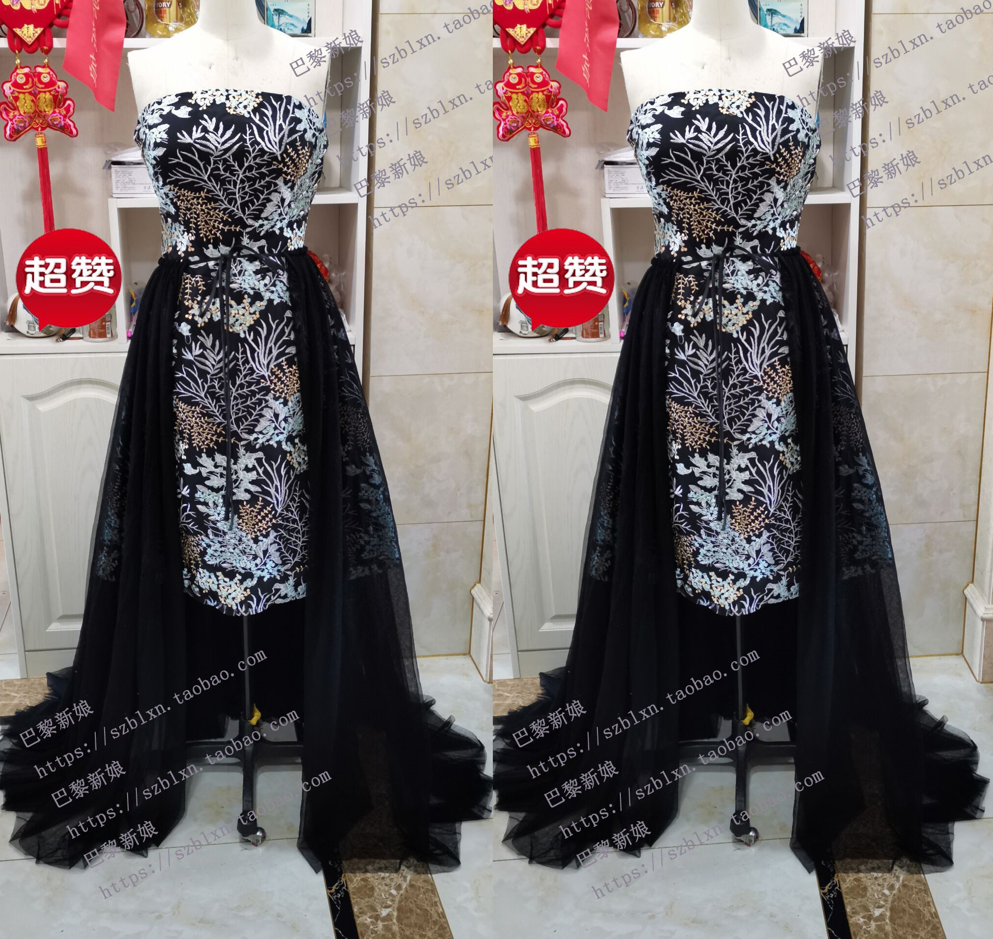 2024新黑色新款抹胸2件套前短后长 蕾丝短裙  舞台音乐会演出礼服