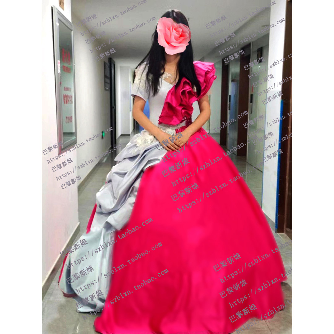 玫红色荷叶艺考立领比赛独唱礼服