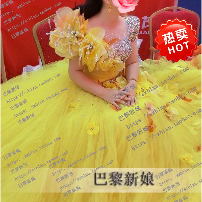 黄色花朵显瘦蓬蓬裙歌唱礼服