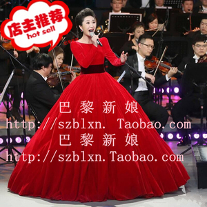 2023新款 长袖腰带金丝绒蓬蓬裙声乐演出服装独唱音乐会舞台礼服