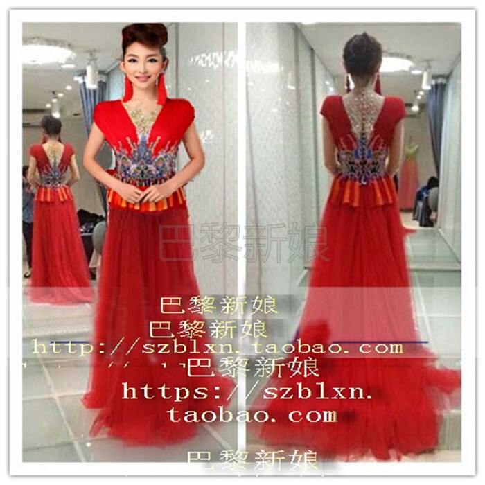 2026中国风大红色绣花包肩深V领长袖修身音乐会声乐舞台演出礼服