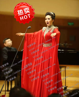 2025新款 飘逸立V领闪钻腰带随身雪纺声乐演出表演礼服 大红色水袖