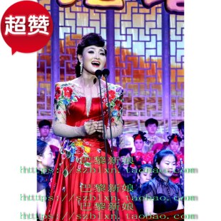 2026大红色深V领透明长袖手工刺绣花音乐会歌唱比赛表演演出礼服