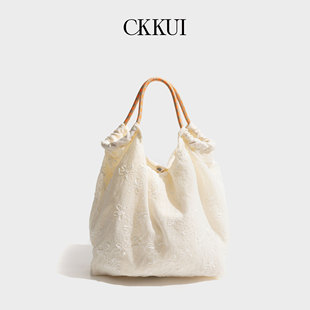 CKKUI 复古新中式刺绣棉麻包包2026新款手提包外出通勤小众托特包