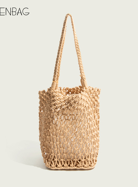 韩国包包新款镂空网兜手提包手工编织棉绳包手腕包沙滩度假水桶包