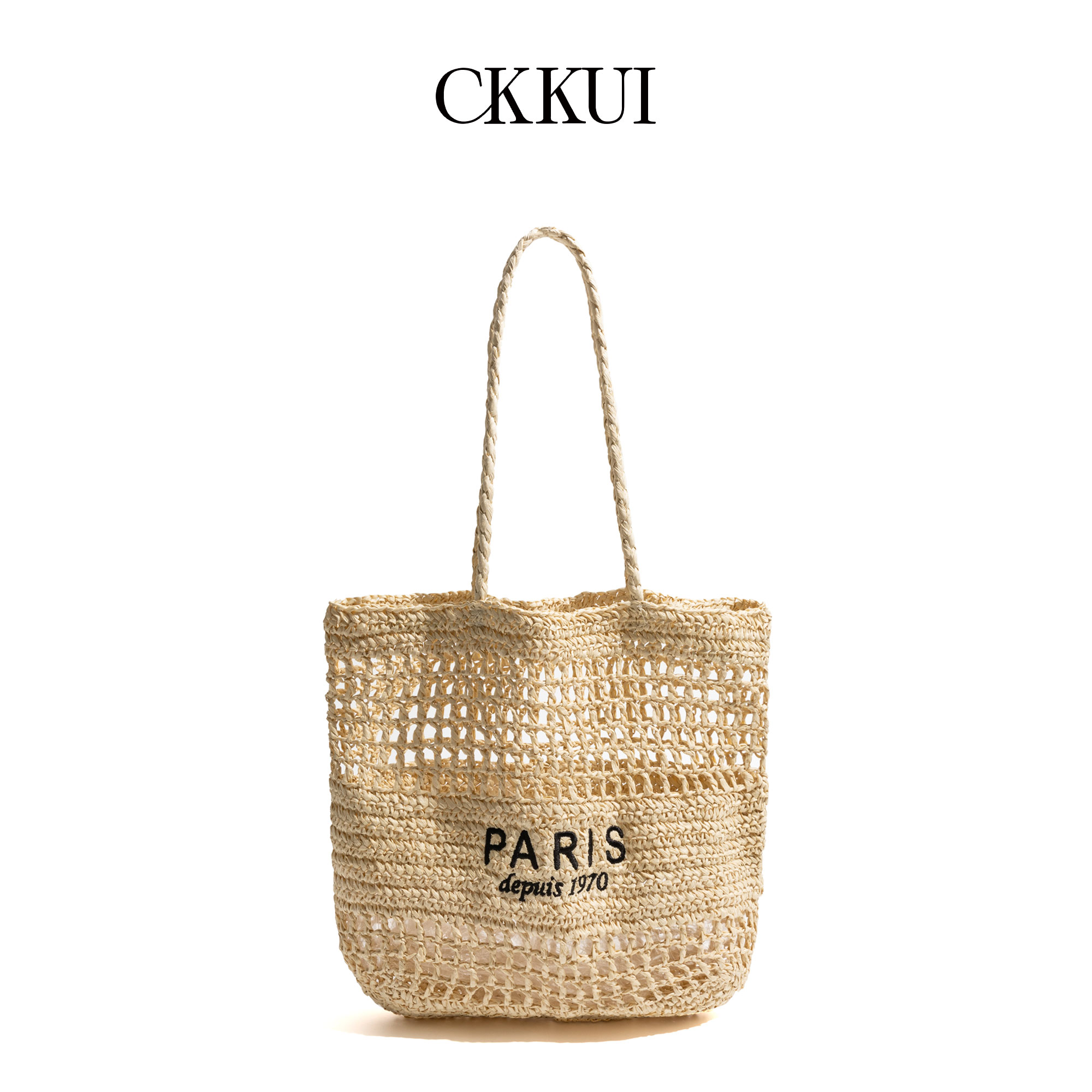 CKKUI 韩系字母刺绣简约草编包包女款海边度假慵懒风手提包单肩包