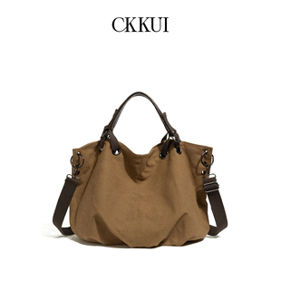 CKKUI 复古日系帆布包包通勤大容量手提包慵懒松弛斜跨单肩托特包