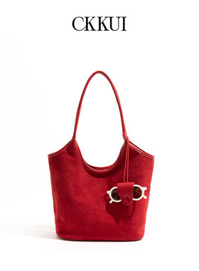 CKKUI 简约质感麂皮红色包包轻奢小众腋下包通勤大容量手提单肩包