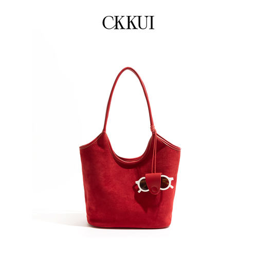 CKKUI简约质感麂皮红色包包