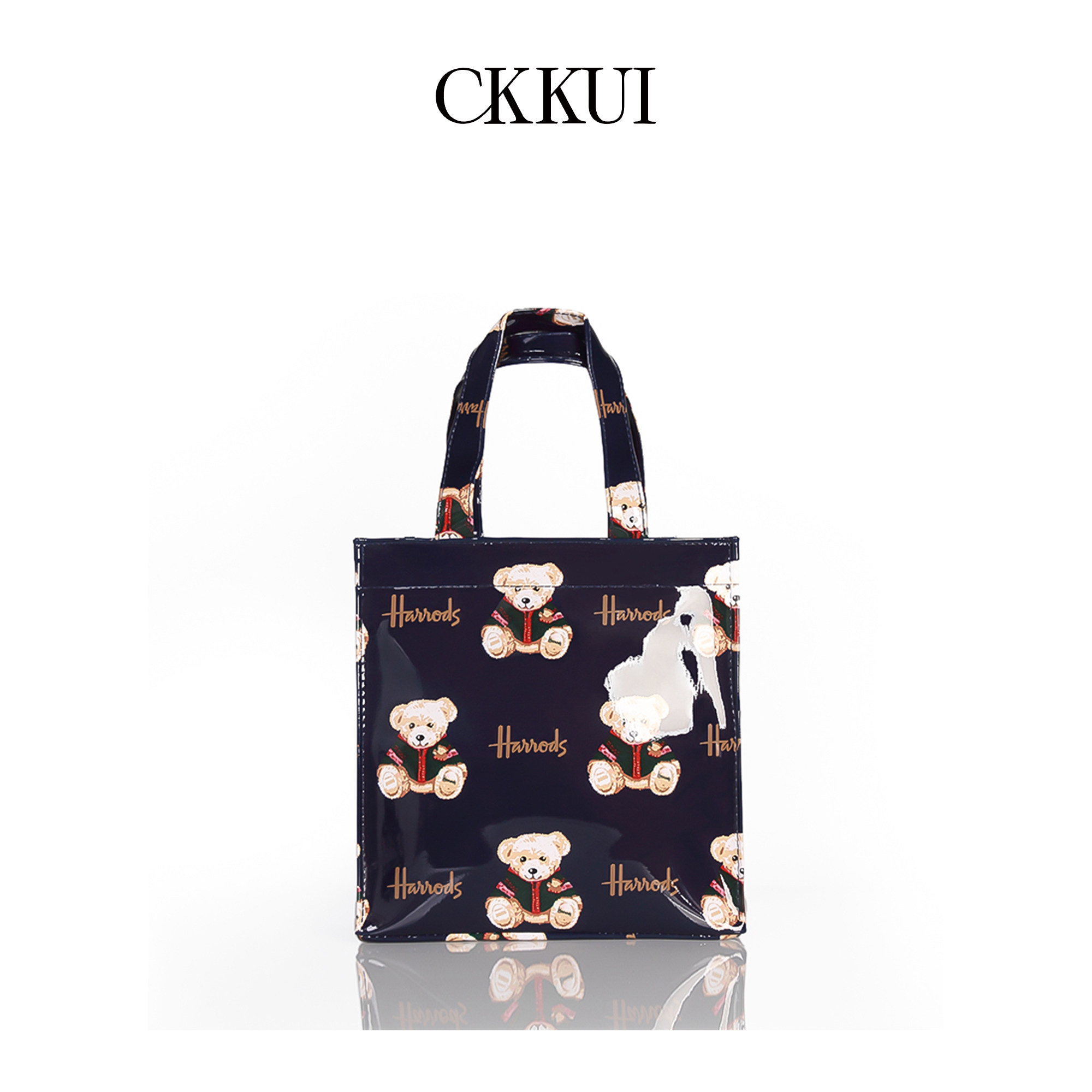 CKKUI英伦风欧美购物袋PVC蓝色小熊设计感手提包大容量单肩托特包