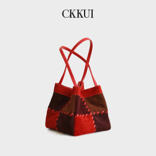 CKKUI 水桶包高级感手提单肩包 复古撞色头层牛皮红色包包2026新款