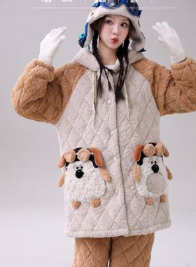 2025宛如初恋加厚睡衣女冬款三层夹棉加绒保暖家居服卡通连帽套
