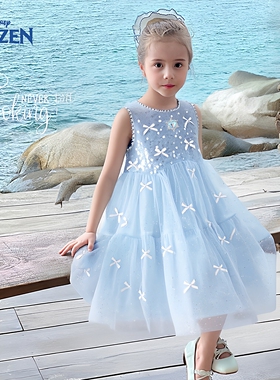 Disney迪士尼女童冰雪奇缘公主裙夏无袖蓝色亮片网纱连衣裙蓬蓬裙