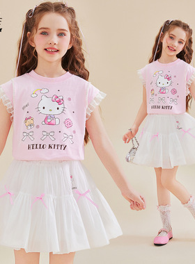 Hello Kitty凯蒂猫甜美可爱风短袖T恤网纱裙女童2026夏季两件套装