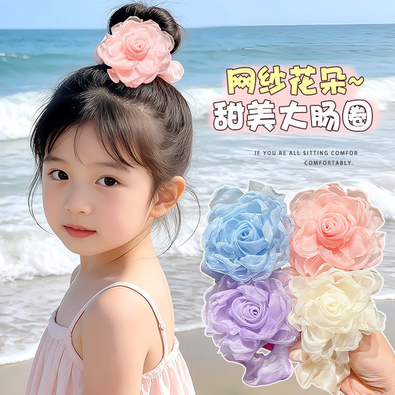 儿童甜美仙女风网纱花朵发圈女童大肠发绳宝宝丸子头发饰公主头饰