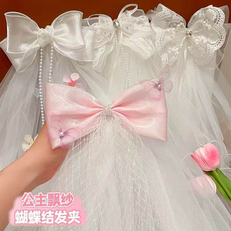 儿童白色头纱蝴蝶结发夹 女孩时尚公主流苏丝带珍珠飘带百搭头饰