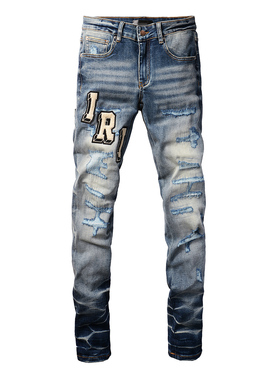 AMR jeans AMR pants torn jeans高街破洞紧身蓝色牛仔裤子