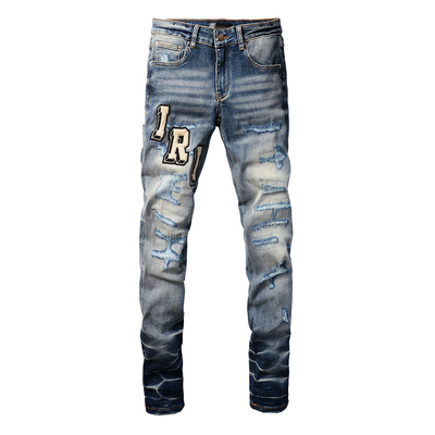 AMR jeans AMR pants torn jeans高街破洞紧身蓝色牛仔裤子