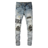 jeans pants torn AMR MX12高街破洞刺字牛仔裤 子