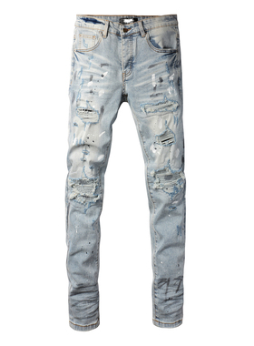 AMR jeans美式高街泼墨刮破修身长裤太一高街破洞紧身男牛仔裤子