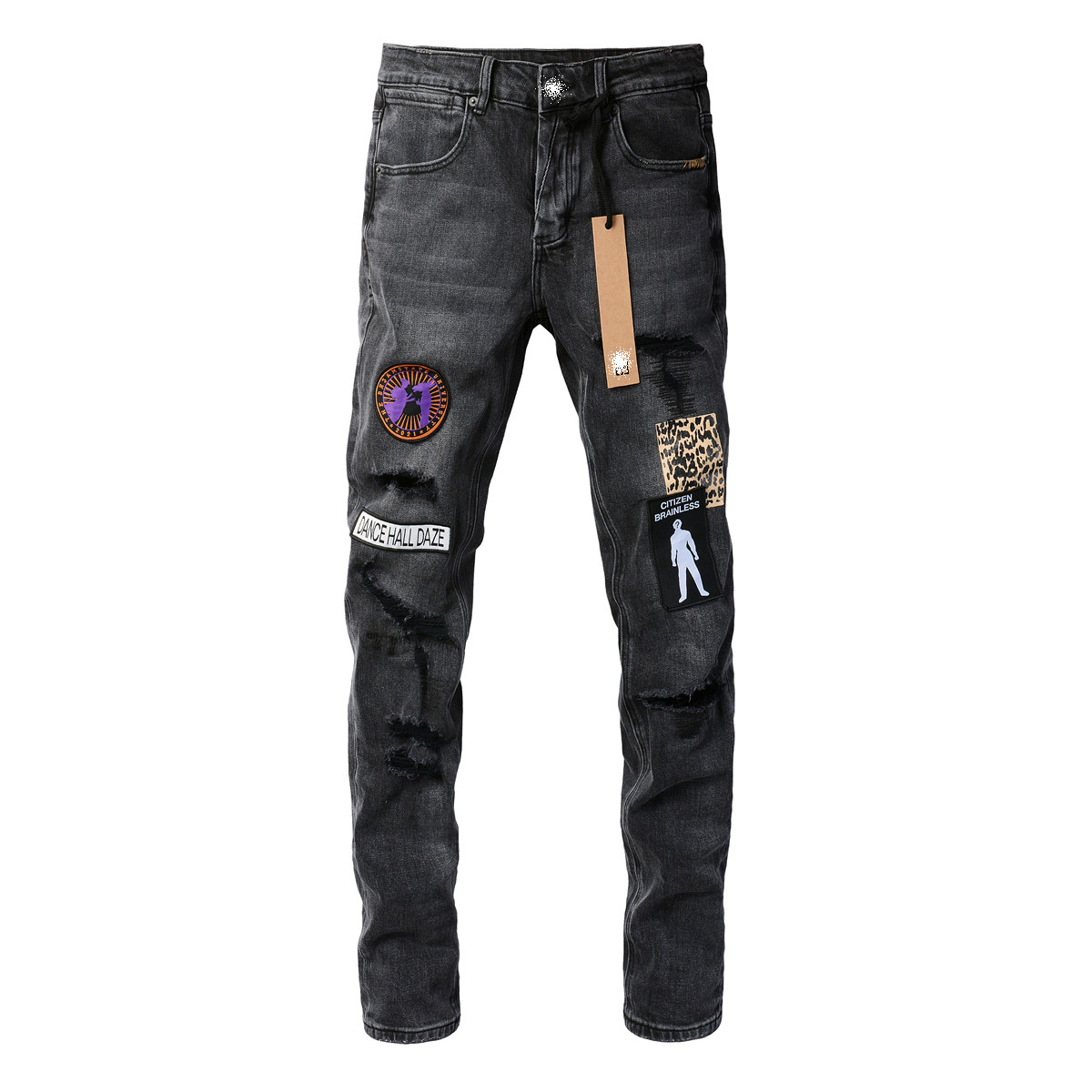 KUS jeans美式高街基础破洞做旧修身长裤紧身高街紧身男牛仔裤子